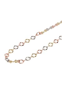 Halskette aus goldenen, silbernen und roségoldenen Metallringen mit strukturierten ovalen Gliedern und einem sicheren Verschluss, die ein Mischmetall-Design präsentiert.