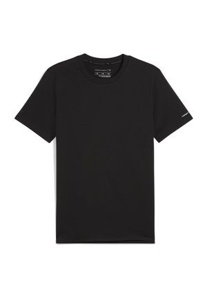 Sort t-shirt med korte ærmer og rund hals, med diskret mærkning på den indvendige krave og venstre ærme, lagt fladt på en hvid baggrund.