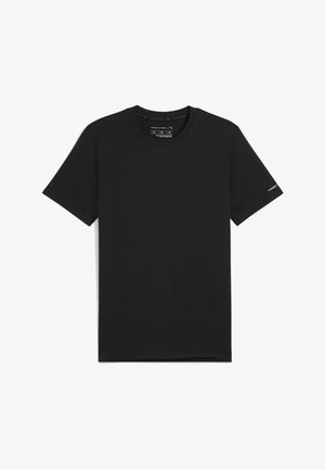 Sort t-shirt med korte ærmer og rund hals, med diskret mærkning på den indvendige krave og venstre ærme, lagt fladt på en hvid baggrund.