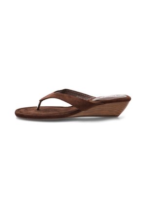 Sandalia tipo flip-flop con cuña de ante marrón, con tira de dedo y tacón con ligera textura de madera, vista de lado sobre fondo blanco.