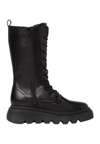 Botte de combat en cuir noir avec semelle épaisse à rainures, fermeture éclair latérale, laçage à l'avant, et languette à l'arrière.