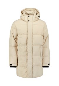 Beige pufferjack met een capuchon, voorzien van een ritssluiting aan de voorkant en drukknopen, grote gewatteerde secties en zwarte accenten op de boorden.