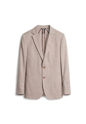 Blazer da uomo beige chiaro con due bottoni marroni, rever a incavo, tasche applicate e fodera interna a righe bordeaux.