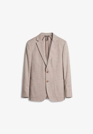 Blazer para hombre de color beige claro con dos botones marrones, solapas con muesca, bolsillos parche y forro interior a rayas burdeos.