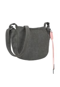 Borsa a mano in tessuto grigio scuro, con forma curvata, tracolla regolabile e una traccia intrecciata rosa sull'accoppiamento della cerniera.