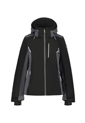 Schwarz wasserabweisende Jacke mit grauen Akzenten, taillierter Kapuze, Reißverschluss vorne und Taschen. Mit verstellbaren Bündchen und einem eleganten, schlank geschnittenen Design.