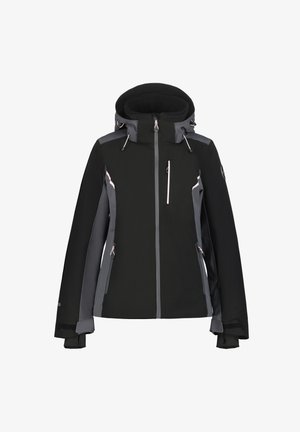 Chaqueta impermeable negra con acentos grises, capucha ajustada, cierre frontal con cremallera y bolsillos. Cuenta con puños ajustables y un diseño elegante y aerodinámico.