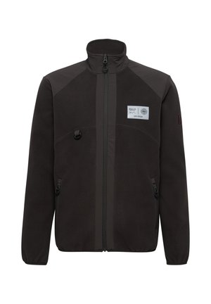 Black fleece jacket with a high collar, front zipper, two side pockets, and a chest patch label. Features contrasting shoulder panels and a smooth texture.