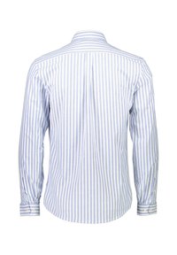 Blauw-wit gestreepte lange mouwen shirt met een klassieke kraag, knopenmanchetten en een gebogen zoom. Gemaakt van lichtgewicht stof met verticale strepen.