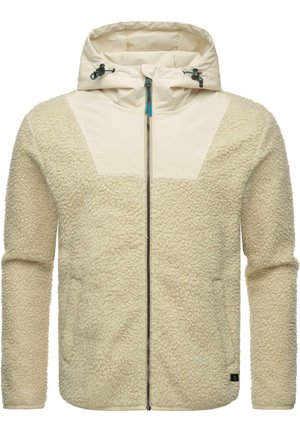 Fleecejakke i creme med en tekstureret finish, der har et glat stof øverste panel og en lynlåslukning, udstyret med en justerbar hætte.