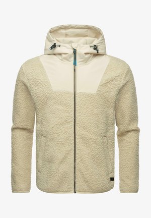 Kreem värvi fliisk jacket tekstuurse viimistlusega, millel on sile kangast ülemine paneel ja lukuga sulgemine, varustatud reguleeritava kapuutsiga.