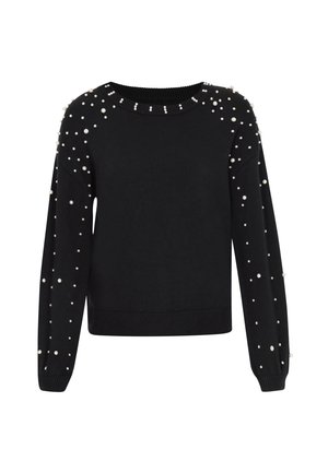 Fekete pulóver, hosszú ujjal, bordázott nyakkivágással, és szétszórt fehér gyöngy díszítéssel a vállakon és az ujjakon.