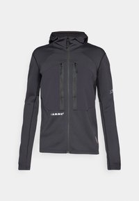 Black long-sleeve hooded jacket with a front zipper, two chest pockets, and a logo on the front. Made from a soft, stretch fabric.