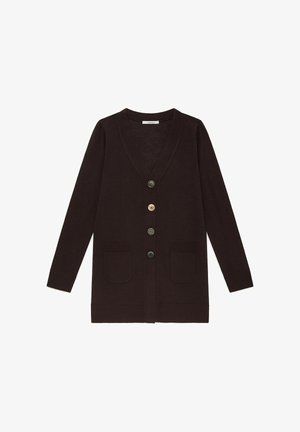 Cardigan marrone scuro a maniche lunghe con scollo a V, quattro bottoni dalla parte anteriore con design misto e due tasche applicate anteriori.