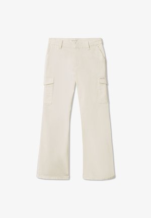 Beige cargobukser med vidde ben, der har to sidelommer og en lille logoetiket. Fremstillet af let stof med glat tekstur.