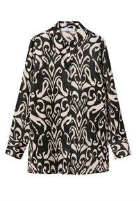 Camicia a bottoni nera e crema con un motivo a paisley ondulato; realizzata in un tessuto liscio e lucido; presenta maniche lunghe e colletto.