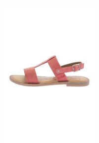 Sandal in suede rosa con design a T, cinturino alla caviglia regolabile con fibbia argentata e suola piatta con fodera interna beige.