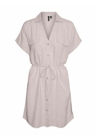 Helles pinkes Leinenkleid mit Knopfverschluss vorne, kurzen Ärmeln, zwei Brusttaschen und einer Zugkordel in der Taille für eine verstellbare Passform.