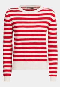 Punavalkoraidallinen neulottu pusero, jossa on pyöreä pääntie, resorit hihansuissa ja helmassa, pehmeä pinta ja kapea istuvuus.