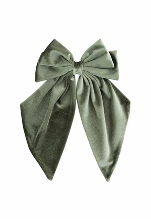 Green velvet hair bow with a large central knot, featuring two wide tails that hang down, showcasing a soft texture and rich color.