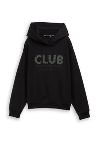 Schwarzer Hoodie mit großem "CLUB"-Grafik in Hellgrau und zusätzlichem Text. Hergestellt aus weichem Material mit strukturierter Oberfläche und einer Fronttasche.