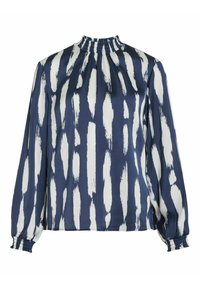 Blouse à motifs bleu marine et blanc avec un col haut, un décolleté smocké et de longues manches froncées, offrant une coupe décontractée. Texture de tissu douce.