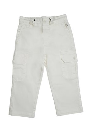Pantaloni cargo bianchi per bambino piccolo con vita elastica, coulisse, chiusura con bottone e tasche laterali con bottone.