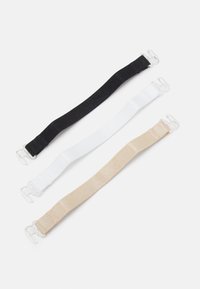 Drie elastische banden: zwart, wit en beige. Elke band heeft haaksluitingen. Gladde textuur met een plat ontwerp.