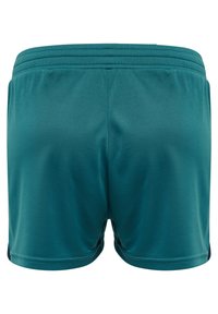 Short de sport sarcelle avec taille élastique, coutures visibles et texture de tissu lisse, vu de dos.
