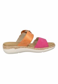 Sandalo a due bande arancione e rosa con soletta di un leggero beige. Presenta una suola testurizzata e una soletta imbottita per il comfort.