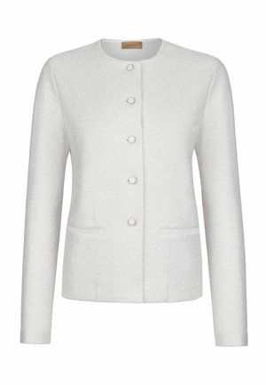 Biały teksturowany żakiet z długim rękawem, z okrągłym dekoltem, pięcioma frontowymi guzikami i dwoma przednimi kieszeniami.