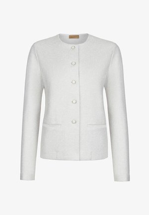 Weißer, strukturierter Blazer mit langen Ärmeln, rundem Ausschnitt, fünf Knöpfen vorne und zwei vorderen Taschen.