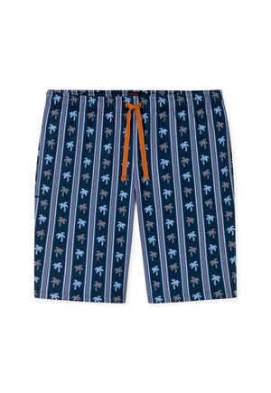 Marineblauwe korte broek met verticale strepen en herhaalde palmbomenpatronen, voorzien van een oranje trekkoord bij de elastische tailleband.