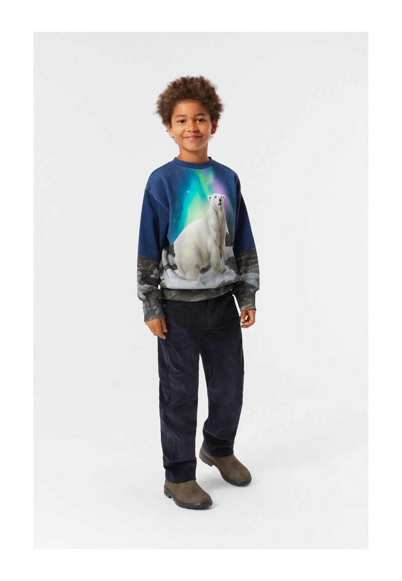 Felpa navy con grafica di un orso polare e design delle luci del nord, abbinata a pantaloni in corda scuri e scarpe scivolate marroni.