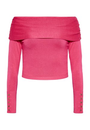 Roze off-the-shoulder trui met ribbelstructuur, lange mouwen en gouden knoopaccenten bij de manchetten. Getailleerd ontwerp, cropped lengte.