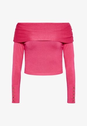 Rozā džemperis ar atvērtām plecu daļām, ar ribota tekstūra, garām piedurknēm un zelta pogu akcentiem pie aprocēm. Pieguļošs dizains, īsa garuma.