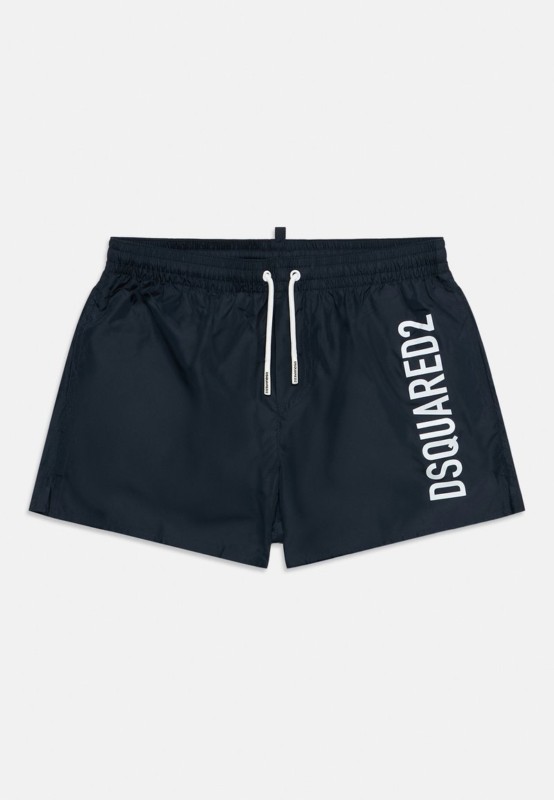 Μαύρα μαγιό με ελαστική μέση, λευκά κορδόνια και λευκό λογότυπο "DSQUARED2" στο δεξί πόδι.