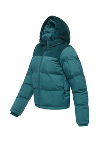 Teal polstret jakke med teksturert hette, glidelåslukking og ribbede mansjetter. Har et glatt yttermateriale og quiltet design.