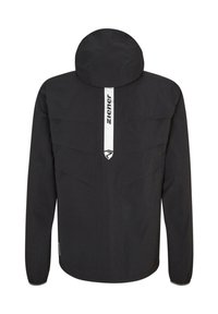 Chaqueta negra con capucha, bolsillos frontales y un logotipo blanco vertical. Textura suave y mate con puños elásticos y detalles en el dobladillo.