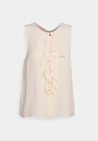 Ärmellose Bluse aus hellcremigem Stoff mit einem Rüschendetail an der Vorderseite und einem dezenten Reißverschluss auf der Rückseite. Glatte Textur, minimalistisches Design.