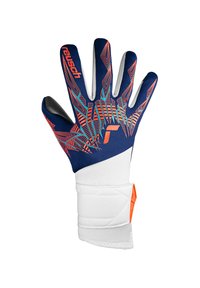 Blau-weiße Torwart-Handschuhe mit einem strukturierten Handflächen, Griffmuster und lebhaften orangen Akzenten. Mit einem sicheren Handgelenkriemen ausgestattet.