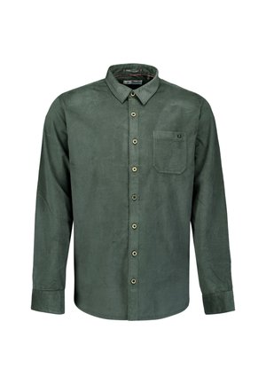 Grünes Cordhemd mit langen Ärmeln, einem Button-Down-Kragen, einer Brusttasche und sechs Knopfverschluss in kontrastierendem Metall. Texturierte Oberfläche.