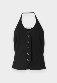 Svart halterneck topp med dyp V-hals og en rekke på seks store knapper på forsiden, laget av glatt stoff med en strukturert passform.