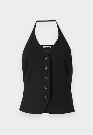 Top nero a halter con scollatura a V profonda e una fila di sei grandi bottoni sulla parte anteriore, realizzato in tessuto morbido con una vestibilità strutturata.