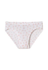 Baumwoll-Hipster-Unterwäsche in Weiß, mit einem dezenten rosa Herzmuster. Weicher Stoff mit elastischem Bund und nahtlosen Kanten.