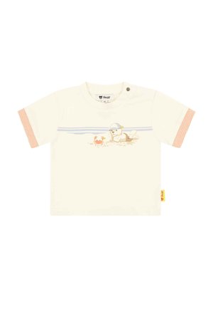 Cream-colored cotton t-shirt with short striped sleeves, featuring a graphic of a bear and crab. Includes a snap closure at the shoulder.
