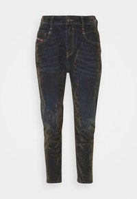 Donkerblauwe jeans met een slim fit, gemaakt van denim, voorzien van vijf zakken, een knoopsluiting en contrasterende stikdetails.