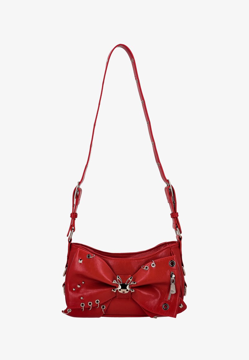 Geantă roșie din piele sintetică, cu design de fundă, accente metalice argintii și detalii cu ținte. Curea de umăr reglabilă inclusă.