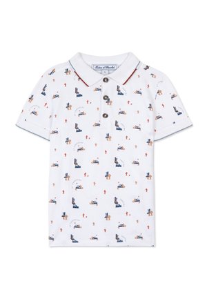 Biała koszulka polo z krótkim rękawem, ozdobiona małymi, kolorowymi ilustracjami o tematyce czekoladowej oraz ciemnymi guzikami na przedniej plisie.