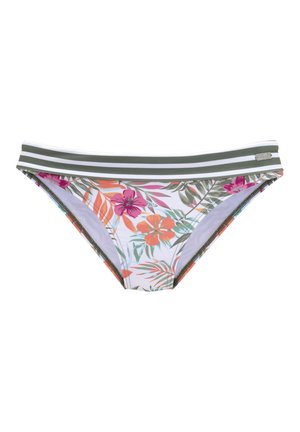Bloemenbikini-broekje met een witte basis, versierd met levendige roze, oranje en groene patronen. Verfraaid met een groen en witte gestreepte tailleband.
